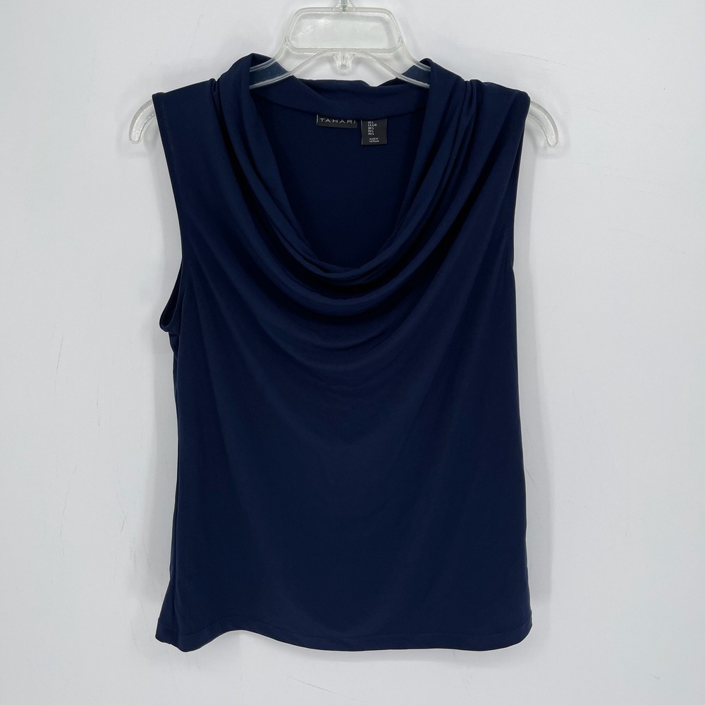 Tahari Women's Navy Drape Cowl Neck Stretch Pullover Sleeveless Shell Top Size L